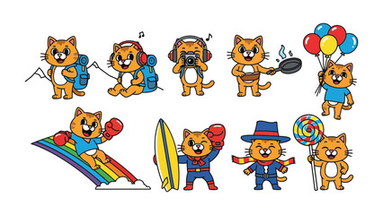 Adventurous Cat Character: An array of playful illustrations showcases a cheerful cat character engaging in various activities, from outdoor adventures to culinary pursuits.