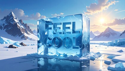 A large, crystalline ice cube, inscribed with the words "Feel Cool," sits on a frozen landscape, bathed in the soft light of a sunrise.