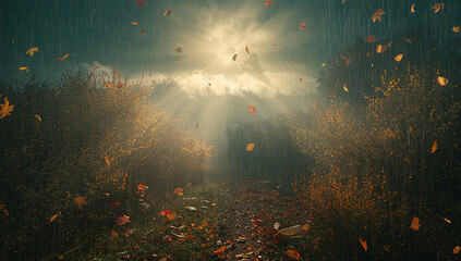 白い息が似合う冷たい朝の空気に柔らかな日差しが差し込み落ち葉が舞う歩道を広いコピースペースで包み込む広告運用最適の秋色背景.生成AI