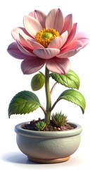 A vibrant, large, pink flower in a light gray pot, beautifully detailed and displayed against a plain white backdrop.