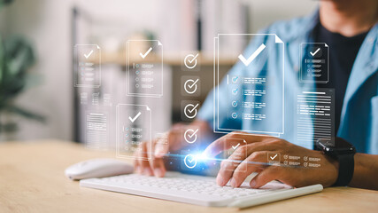 Businessman showing online document validation icon, quality assessment management With a checklist, business document evaluation process, market data report analysis and consulting.