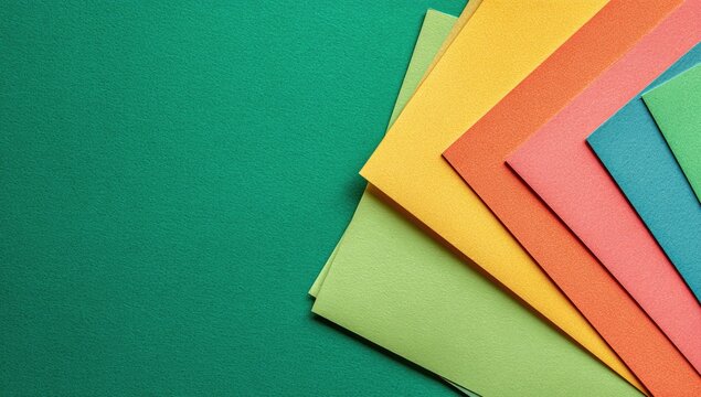 Colorful paper sheets arranged on a vibrant green background