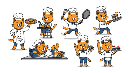 Chef Cat's Culinary Creations: This playful illustration showcases a charming chef cat in various culinary scenarios, from baking pastries to preparing gourmet meals, and holding cooking utensils.