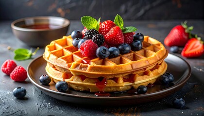 Stack of waffles topped with berries and syrup