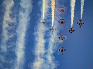 Patrouille de France flying in formation on a clear blue sky at an airshow