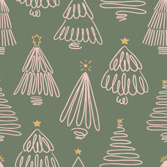 A whimsical seamless pattern featuring hand-drawn doodle-style Christmas trees in soft pink with golden star toppers on a muted green background. Each tree has a unique, playful design.