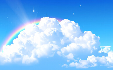 青空に浮かぶ白い雲と美しい虹が架かる爽やかな風景