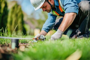 Professional landscape technician repairing underground sprinkler system in lush green grass backyard garden wearing protective gear gloves perfecting installation for vibrant landscaping