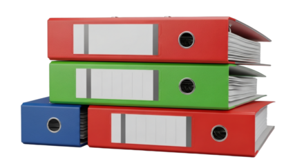 Organized Stack of Colorful Office Binders with Blank Labels, Ready for Data and Archiving. clipping path.