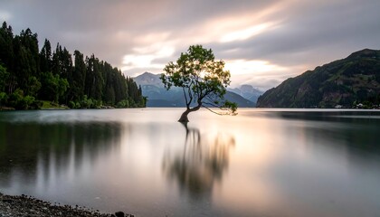Peaceful lake sunrise with lone tree