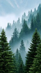 Fototapeta premium Lush green forest canopy, majestic trees in a dense woodland ecosystem towering.