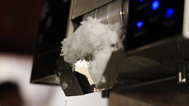 Close-up video of an ice making machine producing crushed ice flakes for cold beverages at a local stall.