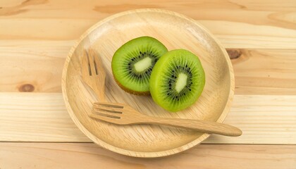 Kiwi slices on wooden plate