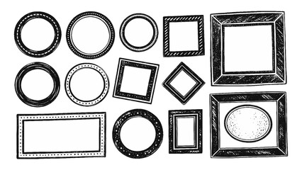 Set of Vector black grunge ink stamp circles, square shape border background. Grunge style border and frames are black on a white background. Grunge brush banners, isolated splash texture.