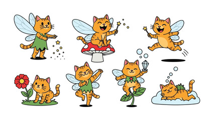 Obraz premium Whimsical Fairy Cats: A collection of adorable cartoon illustrations showcases playful and magical feline fairies, engaged in delightful adventures with fairy dust, flowers, and mushroom. 