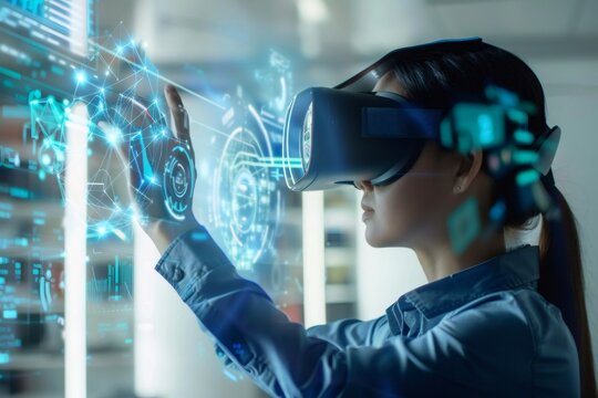 Scientist wearing vr headset interacting with futuristic interface