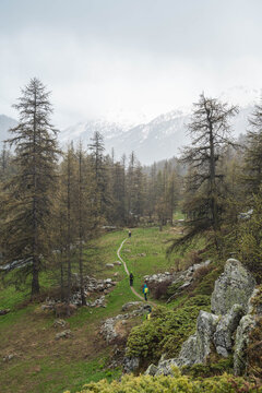 A group of hikers crossing a rainy valley in the Alps