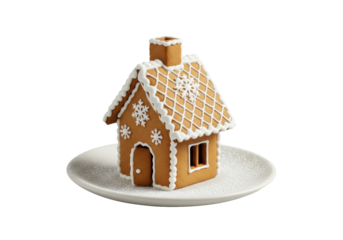 Photorealistic miniature gingerbread house with snowflake royal icing, precise window frames, sturdy chimney, on white plate with powdered sugar, clean transparent background. Festive holiday charm