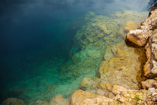 Zakrz&oacute;wek Quarry, Krakow. Floating swimming pool. Cloudy autumn day