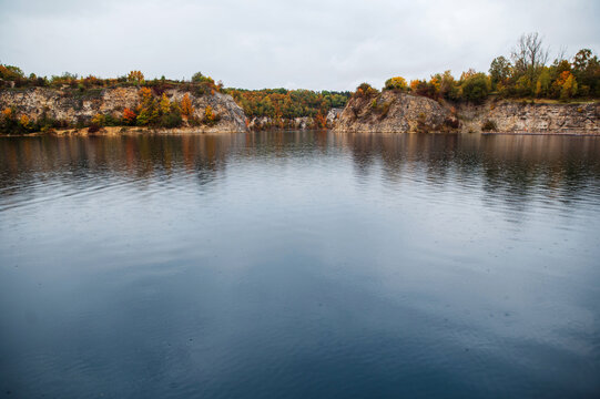 Zakrz&oacute;wek Quarry, Krakow. Floating swimming pool. Cloudy autumn day