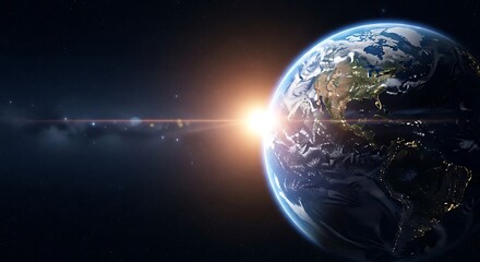 Fototapeta premium Earth From Space with Sunrise Bright Light and Starry Background