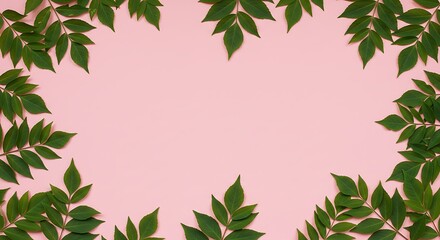 Naklejka premium Green Leaves Border on Soft Pink Background