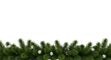 Meticulously crafted repeating horizontal border of emerald green pine boughs with sharp needles, brown stems, and tiny silver baubles, isolated on transparent, copy space, concept of festive