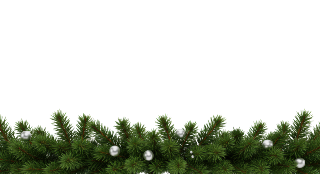 Meticulously crafted repeating horizontal border of emerald green pine boughs with sharp needles, brown stems, and tiny silver baubles, isolated on transparent, copy space, concept of festive