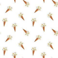 Seamless pattern watercolor bouquet of daisies in a waffle cone, a combination of flowers and dessert in a creative composition white background .