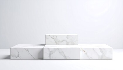 Three white marble podiums on a white background