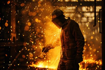 Industrial worker using torch in steel mill with sparks flying