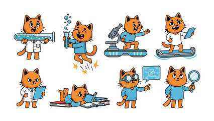 Fototapeta premium Playful Scientist Cat Characters: A collection of charming cat illustrations, each depicted as a scientist engaged in various scientific activities.