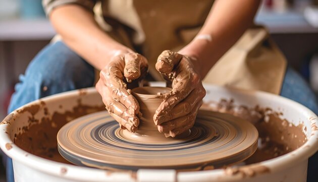Hands shaping clay on a pottery wheel