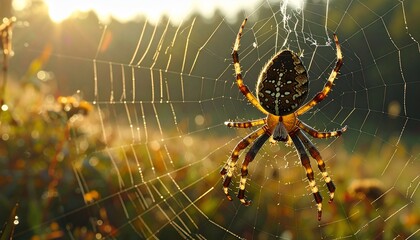 A large spider with intricate patterns hangs suspended amidst a delicate web illuminated by golden sunlight.