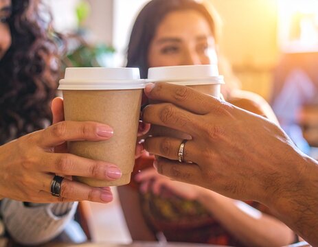 Close-Up of Hispanic Friends Holding Coffee Cups