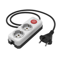 White power strip with two outlets and red switch on black background