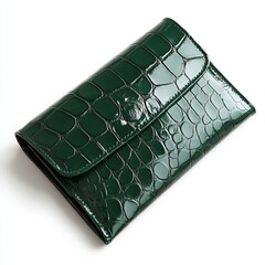 A crocodile texture faux leather clutch in deep green color, side view, clutch bag isolated on white background color, photorealistic accuracy, good composition, high resolution