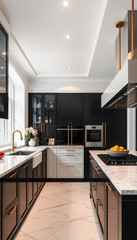 Modern luxury kitchen with marble counters and golden accent fixtures