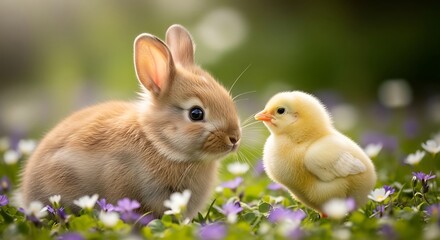 Adorable bunny and chick together in a field of flowers