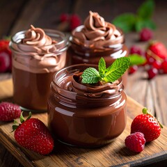Three glass jars of rich chocolate dessert, garnished with fresh mint leaves and berries, sit on a rustic wooden surface.