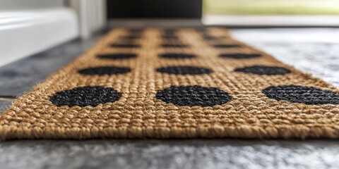 Doormat with bold black polka dots on natural fiber background  