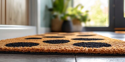 Doormat with bold polka dots in warm tones near indoor plants  