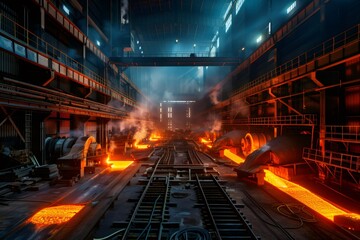 Hot steel pouring in steel plant producing molten metal