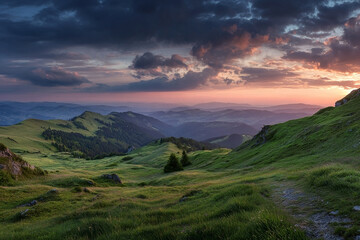 Obraz premium Dramatic sky over peaceful grassland hills at sunset with captivating hues of the sky