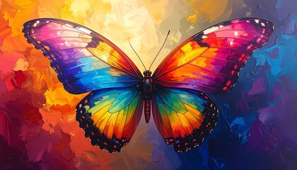 A vibrant butterfly with wings showcasing a spectrum of colors against a backdrop of dynamic brushstrokes.