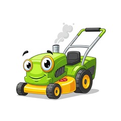 Cartoon Lawn Mower Character with Smiling Face and Exhaust.