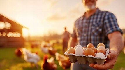 Fresh farm eggs in carton box held by farmer. Backyard chickens, organic egg production, natural poultry farming
