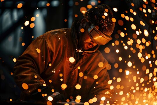 Industrial worker grinding metal, creating shower of sparks in dark environment - Powered by Adobe
