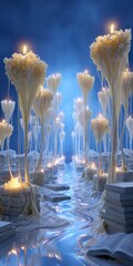 Enchanted Candle Parade in Library of Fantastical Tales - Halloween Fantasy Scene with Living Wax Figures and Floating Books