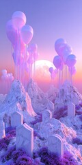 Ethereal Morning at a Surreal Balloon Graveyard - Dreamlike Halloween Landscape in Pastel Sorbet Tones